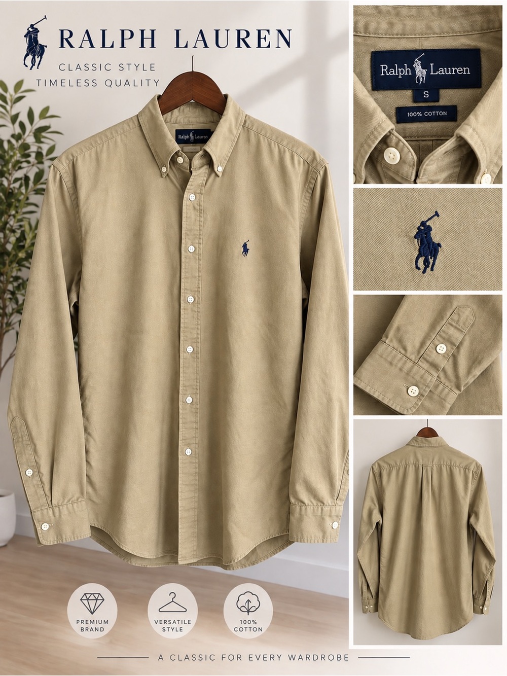 Ralph Lauren Men’s Khaki Cotton Button Down Shirt Size S